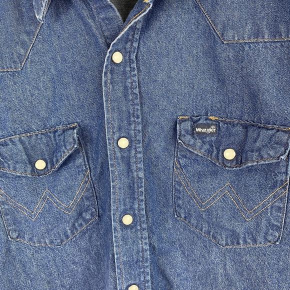 VTG Wrangler Shirt Mens 16 34 Brushpopper Western Yoke Pearl Snap Denim Made USA - Picture 2 of 4